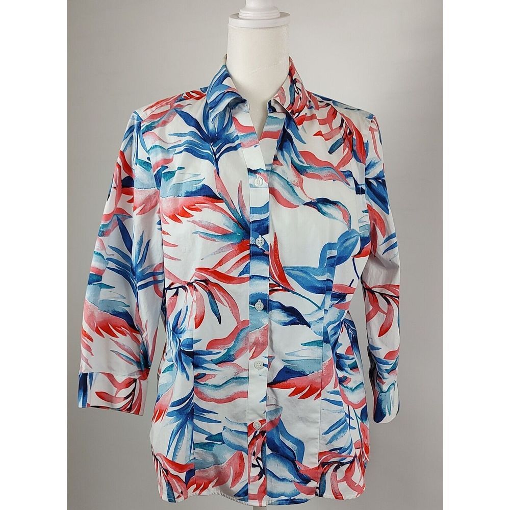 Chico's Tropical Leaf Print Button Down Shirt White Blue Coral Size 0 Small